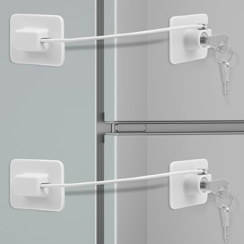 KOVOSCH 2 Stück Kühlschrank Schloss,Fensterschlösser,Schrankschlösser,Fensterschlösser Für Kindersicherheit,Ohne Bohren,Kühlschrankschlösser Mit Schlüssel,Babyschrank Sicherheitsschloss,Weiß