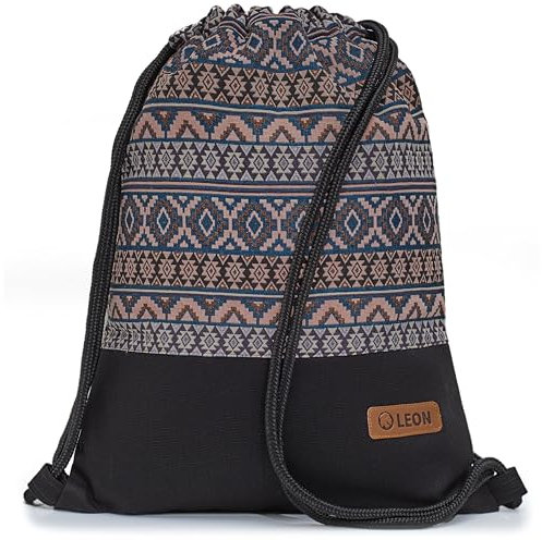 By Bers Leon großer Premium Turnbeutel mit Innentaschen Rucksack Tasche Damen Herren Teenager Gym Bag Draw String 45x34cm für Sport Reise Alltag Einkauf (TB_Boho_Schwarz_010)