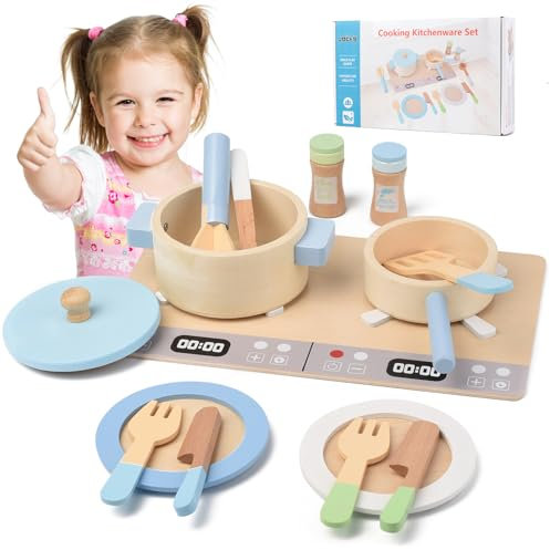 QCXWCJWD Wooden Kitchen Toys for Kids Children's Cookware Pots and Pans Set Kitchen Cooking Accessories Kit Kitchen Pretend Play Food Toys with Cooking Stove for Boys Girls 3 4 5 6 Years