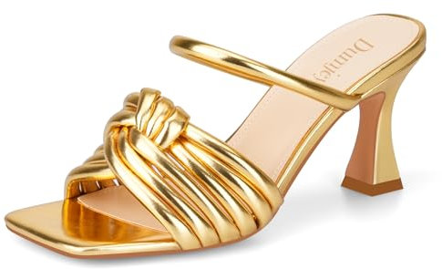 Dumjey Womens Golden Heel Kitten Heels Strappy Sandals Square Open Toe Slip On Elegant Party Shoes, gold, 5 UK
