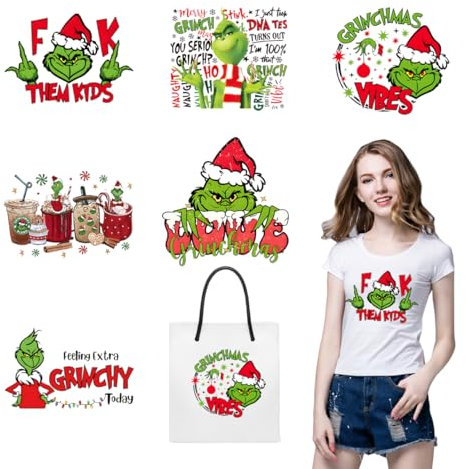 6 Sheets Christmas Grinchs Iron on Vinyl Stickers Patches Set Christmas Heat Transfer Vinyl Design Decals Grinch Iron on Decals for T Shirts Clothes Pillow Hoodie Backpack DIY Xmas Decoration