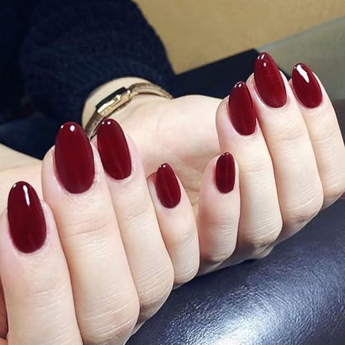 24Pcs Amande Faux Ongles Court, Rouge Vin Press on Nails, Naturel Français Ongles à Coller Couverture Complète Capsule Ongles, Ballerine Couleur Unie Ongles à Presser pour Femmes et Filles Nail Art