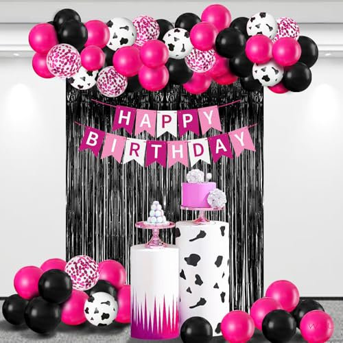 Chaud rose et noir anniversaire ballons décorations de fête, Les filles vache décorations d'anniversaire avec des bannières, Décorations d'anniversaire heureux pour les femmes