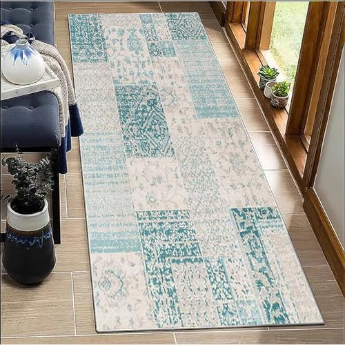 BORKOY Korridor Teppich Flur Läufer rutschfest mit Grau Grün Muster 60x80cm Küchenteppich Waschbar Meterware Polyester Lang für Schlafzimmer Wohnzimmer Anpassbar 40-120cm Breite Flurläufer Marokko
