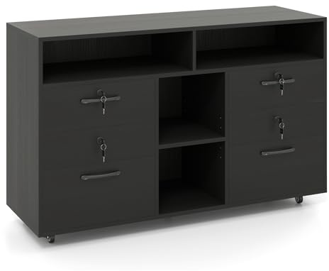 COSTWAY Mobile File Cabinet, 4 Drawers Lateral Stationery Storage Organiser Chest with Lock, Adjustable Shelf and Wheels, Home Office Printer Stand Side Filing Cupboard (Black)