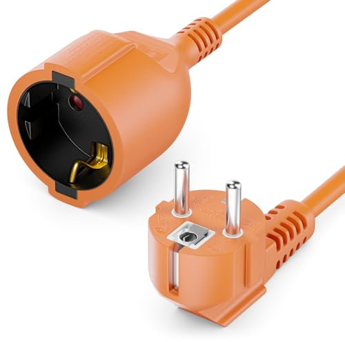 deleyCON 10m Câble D’Extension avec Prise Type F (CEE 7/4) Coudée à 90° vers Prise (CEE 7/3) - Cordon D’Alimentation pour TV, PC, Ordinateur, Vidéoprojecteur - Orange