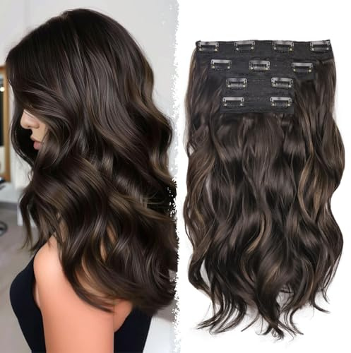 Dark Brown Hair Extensions Clip In - 14 Inch Synthetic Wavy Curly Clip In Hair Extension For Women And Girls (Color: Dark Brown with Light Brown Highlights)