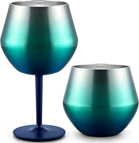 HOTENEAIRE 2PCS Stainless Steel Wine Tumbler with Detachable Stem, 14oz Vacuum Insulated Wine Glasses with Anti-Slip Base, Metal Goblets for Gift Party Outdoor Travel (Blue)