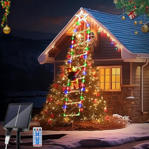 JIMACRO 2 m / 6.56ft Babbo Natale scala luci fata 124 LED luci di Natale all'aperto con 8 modalità, solare Babbo Natale con scala per interni ed esterni, finestra, giardino, parete di casa