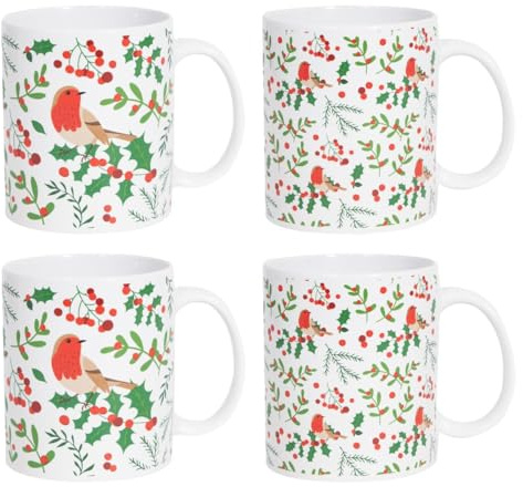YöL Set of 4 Christmas Mugs Holly Robin Red Green White Festive Coffee Cups - Afternoon Tea Breakfast Dinner Hot Chocolate Drinking - Living Room Kitchen Table Homeware Gift