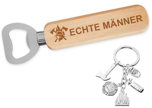 PIujsym Feuerwehr, Feuerwehr Geschenke, Feuerwehr Geschenke Für Männer, 2er-Set Mit Holzflaschenöffner Und Schlüsselanhänger, Ideal Für Geburtstage Und Weihnachten