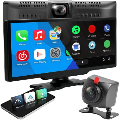 Retoo CarPlay Display, 10,26 Zoll, Wireless Android Auto, 1600x600 px | Bluetooth, Wi-Fi, FM 88–108 MHz, Frontkamera, Rückfahrkamera, 12-V-Kfz-Stromversorgung, Schwarz