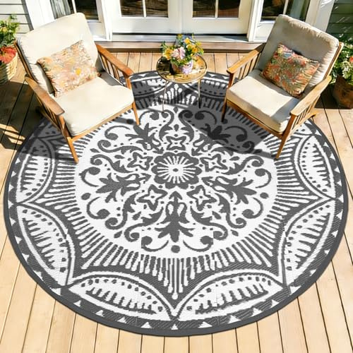 Capslpad Outdoor Teppich Wetterfest, Balkon Teppich, Kunststoff Camping Teppich, Leichtgewicht Picknickdecke, Vorzeltteppich Outdoorteppich für Balkon, Picknick, Camping, Garten, 150 x 150 cm Grau