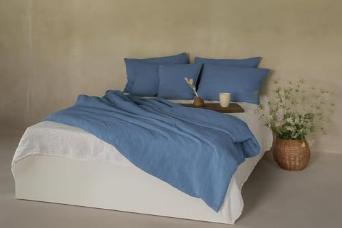 Ger3as Leinen Bettwäsche Set 100% Natur Leinen Stonewashed, Naturfaser, mit Hotelverschluss (Blau, 135 x 200 cm, 40 x 80 cm)