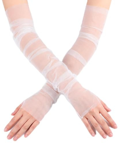 Gemoioio White Tulle Fingerless Bridal Gloves – Elbow Length Bridal Sleeves | Soft sheer mesh,Ideal for weddings, proms, balls & vintage costumes. Fingerless design lets you wear rings & use phone easily