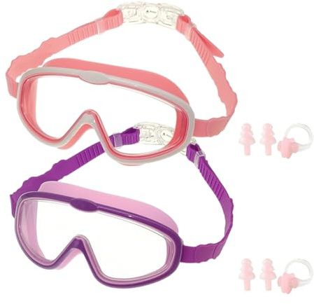 HTTDSLF Gafas de Natación para Niños, Gafas de Buceo para Niños de 3 a 15 Años, Antivaho & Impermeables, Clip Nasal + Tapones para los Oídos, para Niños y Niñas