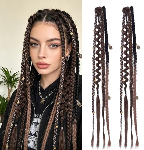 HIVTE Synthetische Clip-in-Zöpfe, 40cm, schwarz-braune geflochtene Haarverlängerungen, Boho-Dreadlock-Haarteile für Alltag & Party