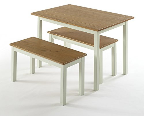 Zinus Becky Mesa de Comedor con 2 Bancos - Mesa 114x74x71 cm - Juego de Mesa de Comedor de Madera con Bancos - Juego de Cocina Estilo Granja 3 piezas - Blanco y Marrón