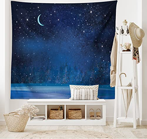ABAKUHAUS Mond Wandteppich, Winter Saison Wunderland Sternenhimmel Nacht Wald Landschaft Landschaft drucken, aus Weiches Mikrofaser Stoff Wand Dekoration Für Schlafzimmer, 150 x 110 cm, Dunkelblau
