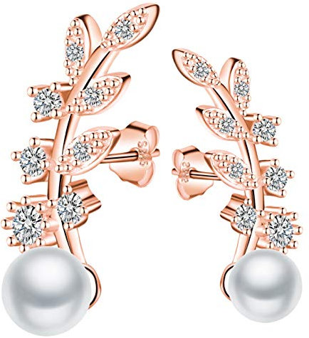 MICGIGI Orecchini da donna eleganti a forma di foglia, in argento Sterling 925 con zirconi, perla da 5 mm (oro rosa)