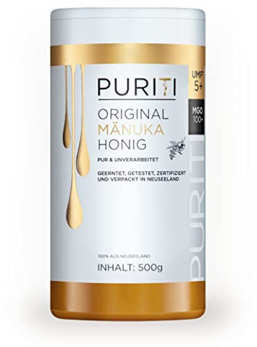 PURITI Manuka Honig MGO 100+ 500g aus Neuseeland mit zertifiziertem Methylglyoxal Gehalt - Laborgeprüft, Direktimport, reines Naturprodukt, frei von Zusatzstoffen