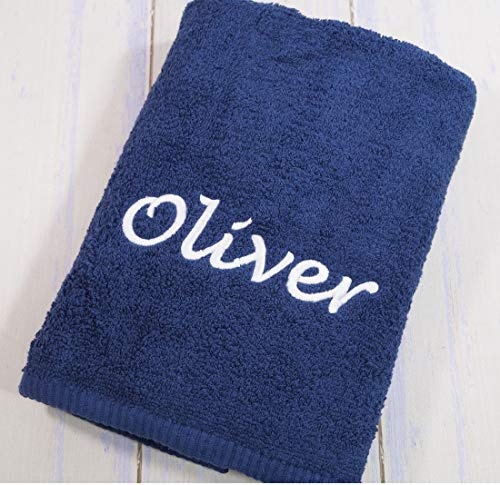 Personalisiertes Handtuch mit Namen oder Text – Marineblaues Frottee Handtuch 50x100 cm aus 100 % Baumwolle – 500 g/m² – Bestickt – OEKO-TEX – Geschenk für jeden Anlass (Marineblau, 50 x 100 cm)