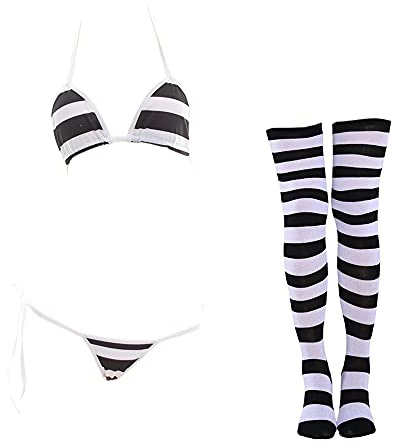 SINROYEE Ensemble de lingerie sexy pour femme - Maillot de bain bikini à rayures avec chaussettes hautes rayées