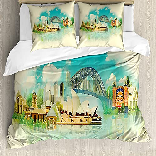 ABAKUHAUS Australien Bettbezug Set für Einzelbetten, Stadtansicht Sydney, Milbensicher Allergiker geeignet mit Kissenbezug, 200 cm x 200 cm - 80 x 80 cm, Sahne und Multicolor