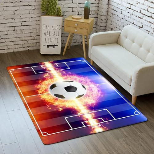 KKPW Wohnzimmer Schlafzimmer Dekorations Teppiche Teenager Junge Mädchen 3D Sports Flame Football Stadium Series Rutschfester Spielteppiche für Kinderzimmer