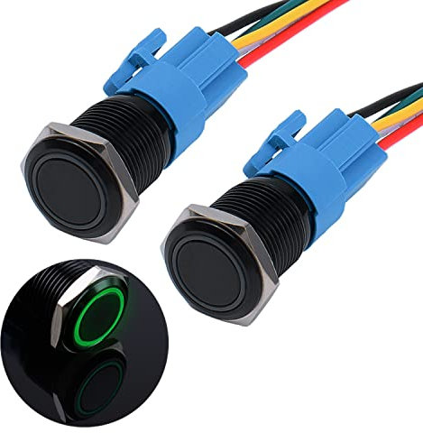 JIQI 2× 16mm Verrieglung Druckschalter 12V bis 24V 3A wasserdicht selbsthaltend schwarz Druckknopfschalter aus Metall LED Beleuchtet vorverdrahte Ein/Aus Latch Taste Schalter mit IP66 1NO 1NC (Grün)