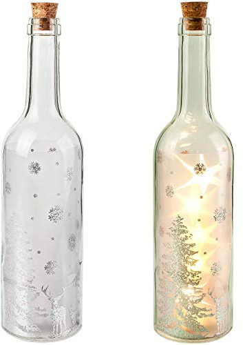 alles-meine.de GmbH Lichterflasche/LED Licht Dekoflasche - Hirsch & Sterne - Silber - Lichtflasche/Flasche mit Licht - 30 cm - Batterie betrieben - warmweiß - Flaschenlicht -..