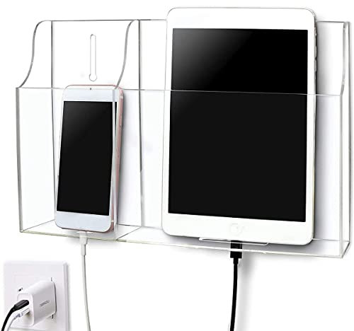 Pansyling Support mural transparent en acrylique pour téléphone, tablette, télécommande, grande boîte de rangement avec trous de charge, station de support pour téléphone et tablette