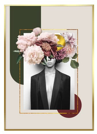 STYLER Gerahmtes Bild Jacket 50 x 70 cm I Artbox goldener Rahmen Frau gold feminin modern Blumen schwarzweiss Bouquet Wandbild Wohnzimmer Schlafzimmer Wanddeko Home Kunstdruck mit