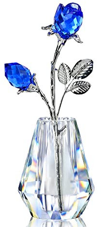 H&D HYALINE & DORA - Fermacarte con due rose di cristallo blu, con asta in argento, fermacarte Forever Crystal Rose, regalo romantico per lei/moglie/mamma/donne