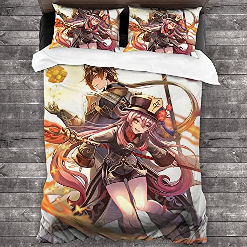 ANSSON Genshin Impact Bettbezug Kinder Bettwäsche Set,Zhongli HuTao Bettdecken Bezug & Kissenbezug 80x80cm Hypoallergen Bed Linen Set (135x200cm+80x80cmx2, HuTao3)
