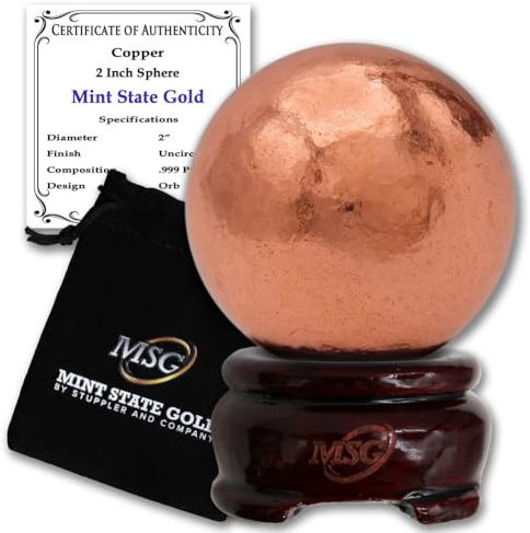 Briefbeschwerer aus Kupfer mit Holzsockel | 50,8 mm - 0,6 kg | 99,9% reine massive Kugel mit Echtheitszertifikat von Mint State Gold | Mit Echtheitszertifikat von Mint State Gold