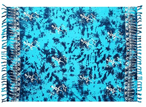 Pareo Sarong Strandtuch Damen - Wickelrock Strand - Handtuch Blickdicht als Wickeltuch oder Handtuchkleid und Wickelkleid Damen - Handarbeit aus Fair Trade Herstellung Batik Blau Türkis Gecko
