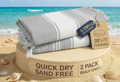 LANE LINEN Turkish Beach Towel, 2 Pack Towels Oversized, 39x71, Cotton Rich Quick Dry Pool Towels for Adults, Absorbent Sand Free, Lightweight Travel Beach Essentials - Alloy