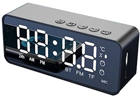 SOONHUA Reloj Despertador Digital con Pantalla LED con Altavoz Bluetooth inalámbrico, Radio FM, Reloj de Espejo Despertador, Reloj Digital para Dormitorio, Oficina en casa y Viajes