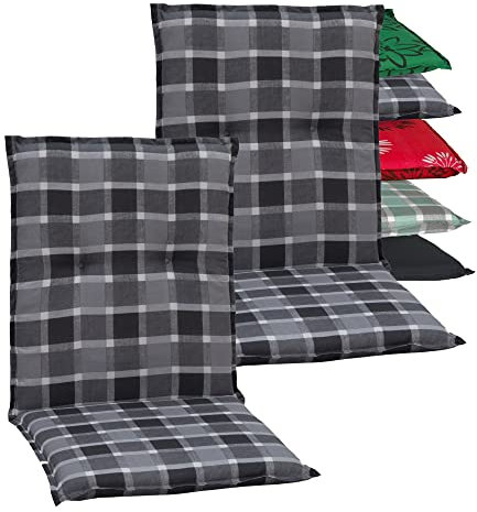 Beo Niedriglehner Auflagen 2er Set Barcelona | Made in EU nach Öko-Tex Standard | Waschbare Stuhlauflage Niedriglehner mit Halteband | Atmungsaktive Auflagen Niedriglehner in Grau-Weiß Kariert