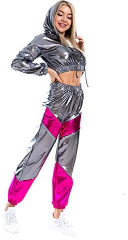 IWEMEK Rave Outfits Damen Metallic Top Glitzer Hose Trainingsanzug Glänzend Hohe Taille Jogginghose Lack Leder Oberteil 80er 90er Fasching Festival Party Disco Hip Hop Kostüm Clubwear Grau L