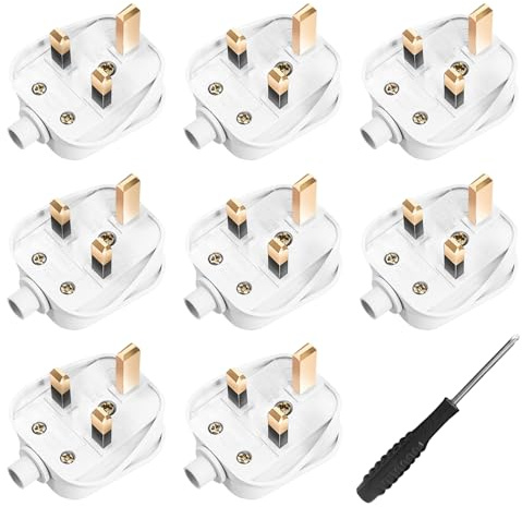 UK Plugs with 13 AMP Fused, 3 pin Mains Plug with Cord Grip Rewireable Heavy Duty Electrical Plug, Rubber Composite Plug, 8 Pack - White
