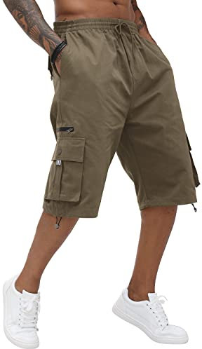 Pantaloncini cargo da uomo in cotone elastico in vita Capri al ginocchio con tasche multiple, Verde, L
