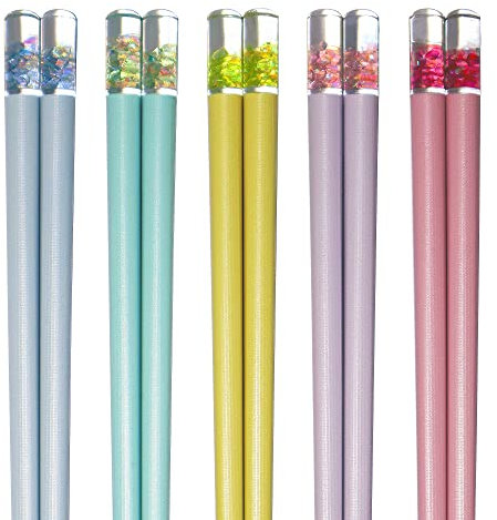 HELERKOL 5 Pairs Fiberglass Chopsticks - Bright Shiny Multicolor - Japanese & Korean - Reusable, Dishwasher Safe - Blue, Green, Purple, Yellow, Pink