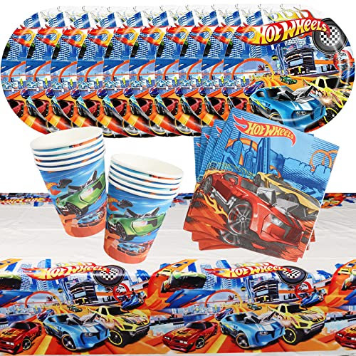 41Pcs Hot wheels Kindergeburtstag Partygeschirr Set, Rennwagen Geburtstag Dekoration, Rennauto Geburtstag Geschirr Kit, Tischdecke Teller Tassen Servietten, für Kindergeburtstag Party Supplies