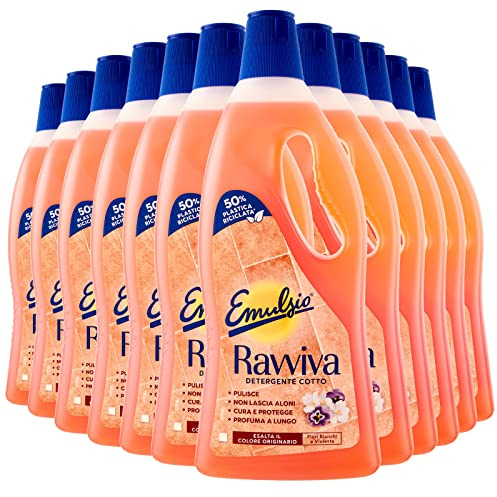 Emulsio Ravviva Cotto Detergente Pavimenti per Cotto Tradizionale o Moderno Ardesia Pietre Naturali Porose Formula Protettiva Profumo di Fiori Bianchi e Violetta a Lunga Durata - 12 Flaconi da 750ml