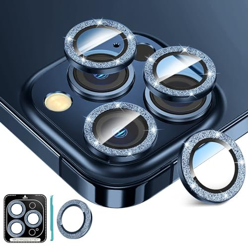 Fewdew 3+1 for iPhone 15 Pro Max/iPhone 15 Pro Camera Lens Protector, 9H Tempered Glass [Anti Scrach] Metal Individual Ring Camera Screen Protector Cover for iPhone 15 Pro/Pro Max,Blue Glitter
