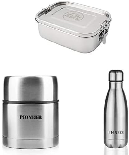 Pioneer Out for Lunch Stainless Steel Lunch Box with Cutlery Included 800ml Capacity Vacuum Insulated Soup/Food Flask, 500 ml Vacuum Insulated Stainless Steel Reusable Bottle 500ml