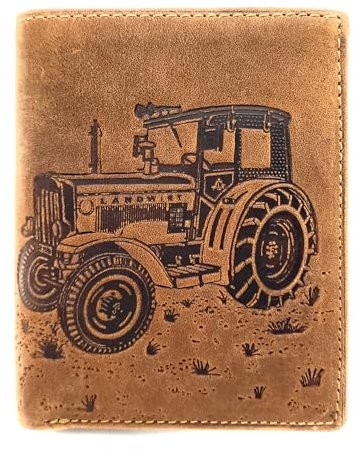 Lemasi echt Büffel Voll-Leder Geldbörse für Männer, naturbelassenes Hunterleder Portemonnaie Traktor mit RFID NFC Schutz (Landwirt braun hoch)
