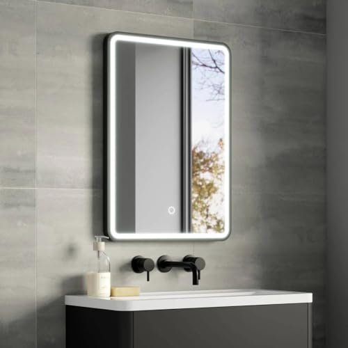 Illuminated Bathroom Mirror with LED Lights 500x700mm IP44 Rated - Kali 3-Colour Dimmable LED Bathroom Mirror with Lights, Demister Pad, Touch Sensor Switch, Black Framed Wall-Mounted Vanity Mirrors